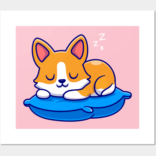 Cute Corgi Dog Sleeping On Pillow Cartoon Posters and Art